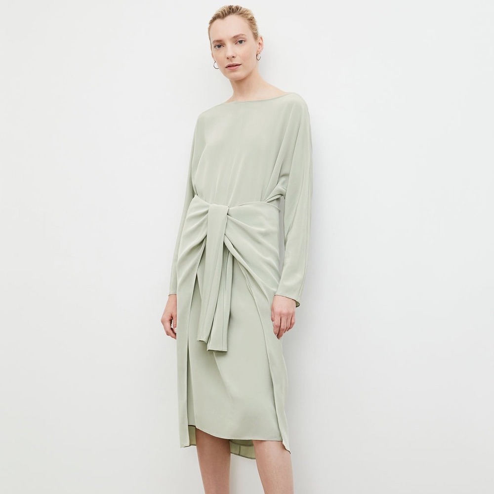M.M. Lafleur Rashmeen Washable 100% Silk Minty Green Tie Waist Midi Dress - 0